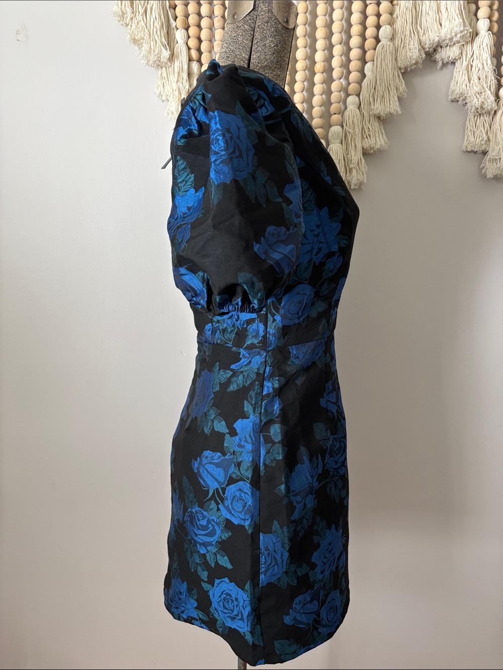 Blue Floral taffeta Puff Sleeve V-Neck Mini Dress - Picture 2 of 10